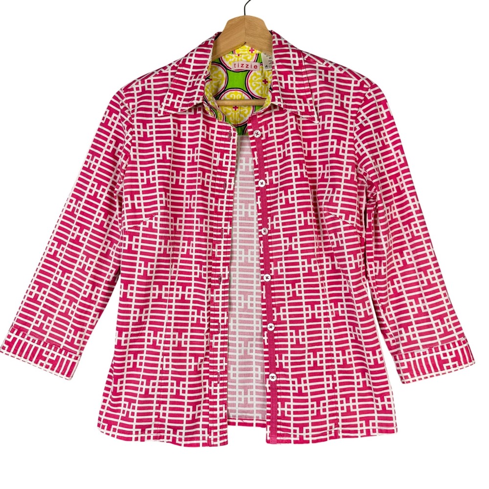 Tizzie Pink White Geometric Greek Key Button Front Shirt 3/4 Sleeve XS Stretch